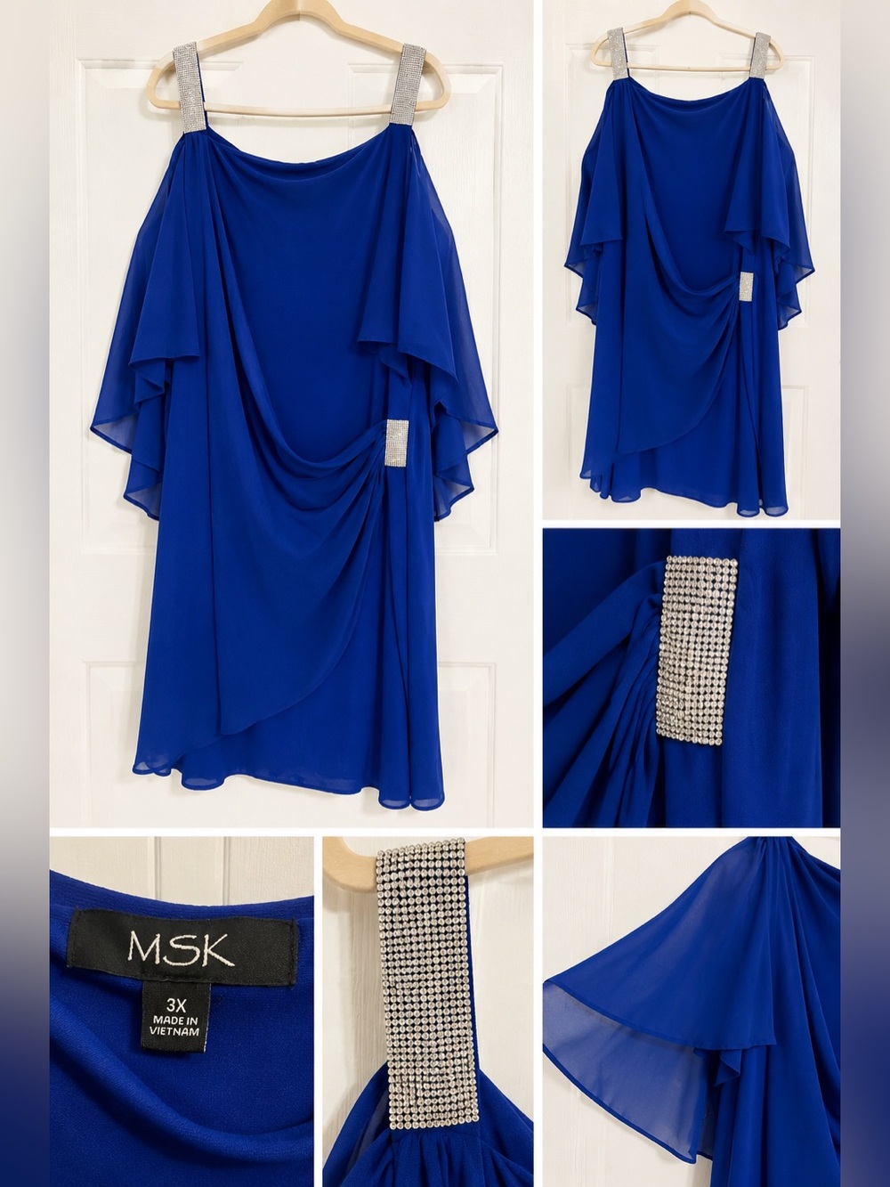 MSK 3X Cobalt Blue Cape Overlay Cocktail Dress Rhinestone Straps Plus Size